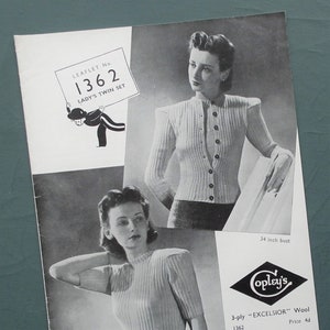 Original vintage 1940s 40s knitting pattern - Lady&#39;s Twin Set women&#39;s sweater / jumper and cardigan ribbed design 34&quot; - Copley&#39;s No. 1362 UK