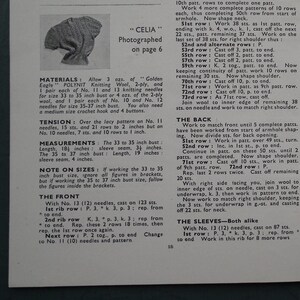 Op de afbeelding: Breipatronen voor een "Celia" en een "Jos&eacute;" trui. De instructies omvatten materialen, spanning, maten en gedetailleerde stappen voor het breien van de voor-, achter- en mouwen. Het patroon is geschreven in het Engels.