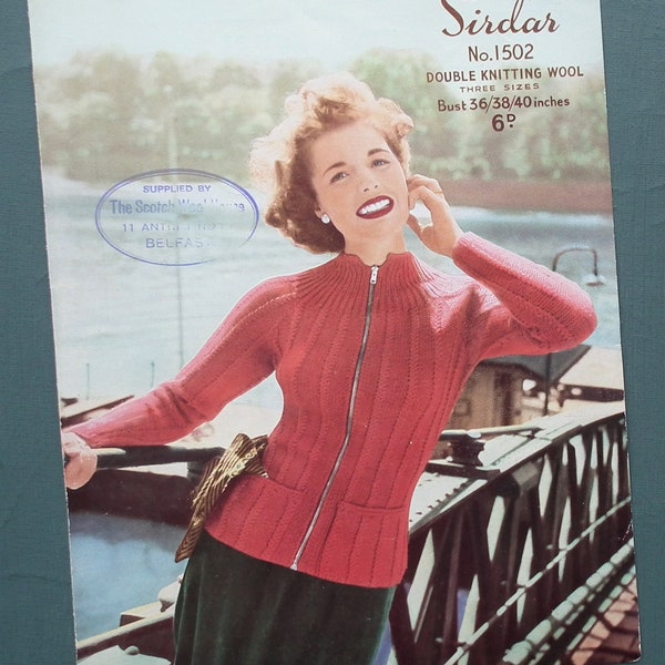 Vintage 1940s 1950s knitting pattern women's jacket ribbed cardigan zipped front 40s 50s original pattern Sirdar No. 1502 UK 36" 38" 40"