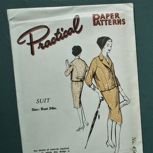 May include: A vintage sewing pattern for a suit, featuring a black and white illustration of two women wearing the suit. The pattern is labeled "Practical Paper Patterns" and "No. 4560". The suit is described as a "Suit" with a bust size of 34 inches.