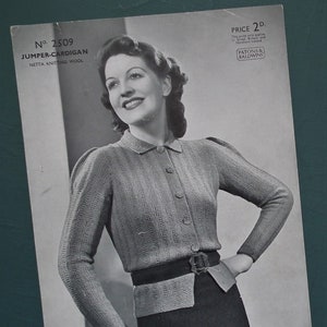 Vintage 1930s knitting pattern women&#39;s cardigan with collar - 30s original pattern - P & B Patons and Baldwins No. 2509 UK - 32&quot; - 34&quot; bust