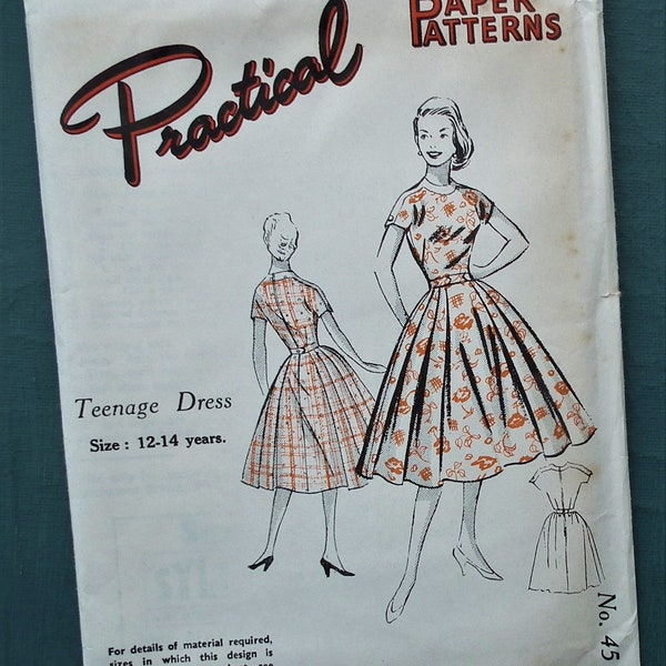 Vintage 1950s sewing pattern girl's Teenage Dress full skirt Size 12 - 14 years Practical Paper Patterns No. 4519 UK UNUSED factory folded