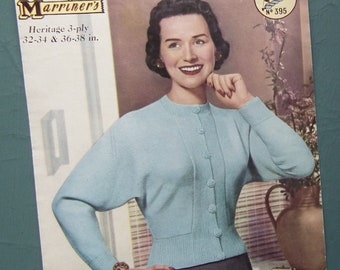 Vintage 1950s knitting pattern women's cardigan dolman sleeves Marriner's No 395 UK 32" 34" 36" 38" bust sizes - 50s original pattern