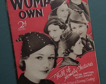 Woman's Own  Feb 3, 1934 vintage 1930s women's magazine UK - original crochet patterns - 30s women's hats caps millinery - advertisements