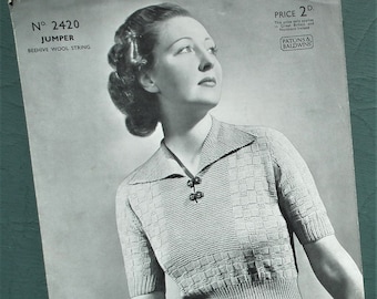 Vintage 1930s knitting pattern women's sweater jumper with collar - 30s original pattern P & B No. 2420 UK  36" - 38"  M L