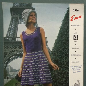Vintage 1970s crochet pattern women's mod dress lacy Summer dress crochet hat 70s original pattern Emu 2976 UK image 2