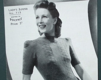 Vintage 1940s knitting pattern - women's jumper / sweater 34" 36" bust size - 40s original pattern - Golden Eagle No. 719 - WW2 WWII era