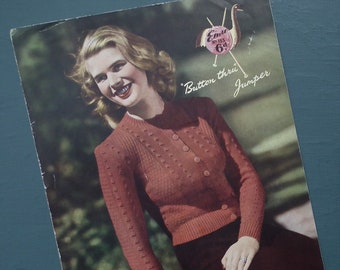 Vintage 1940s knitting pattern women's cardigan  - 40s original colour pattern Emu No. 155 UK - 34"  bust