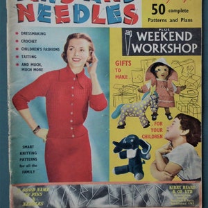 Vintage 1950s craft magazine Pins and Needles / Weekend Workshop No. 47 original knitting crochet patterns woodworking 50s mid-century homes image 1