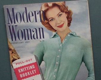 Modern Woman Feb 1957 vintage 1950s magazine UK original 50s knitting patterns women's sweater jacket dress hats men's jacket advertisements