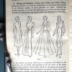 May include: A black and white illustration of four different dress silhouettes. The illustration is from a vintage book about fitting for fashion. The text in the image reads "Fitting for Fashion. Along with design and fabric choice, fitting has much to do with the appearance of smartness that should be an inherent quality of every garment we make. Fashion has welded together so closely the silhouette of a frock and the manner in which it is fitted that one may be said to be dependent on the other."