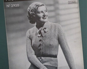 Vintage 1930s knitting pattern women's cardigan with tie neck - 30s original pattern - P & B Patons and Baldwins No. 2920 UK  36" - 38" bust