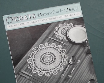 Vintage 1950s crochet pattern lace luncheon set table mats doily doilies Coats Crochet Design No. 433 UK 50s original pattern table linen