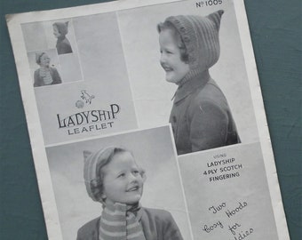 Vintage 1930s 1940s knitting pattern children's girl's hats hoods matching scarf - Ladyship Leaflet No. 1005 UK - 30s 40s original pattern