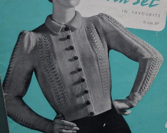 Vintage 1940s knitting pattern women's twin set jumper sweater cardigan lacy design 40s original pattern Wolsey No. 870 UK 34" bust