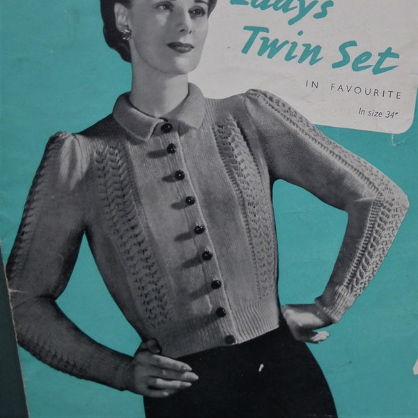 Vintage 1940s knitting pattern women's twin set jumper sweater cardigan lacy design 40s original pattern Wolsey No. 870 UK 34" bust