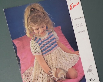 Vintage crochet pattern 1970s girl's lacy dress 70s original pattern - Emu No. 6434 UK - children's pattern - size 20" 22" 24" chest