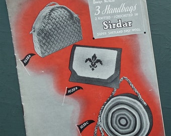 Vintage 1940s knitting crochet pattern 3 Handbags Sirdar No. 1038 UK - women's accessories bags WWII WW2 40s original knitting pattern