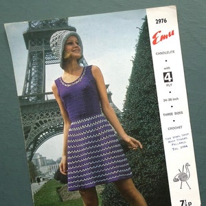 Vintage 1970s crochet pattern women's mod dress lacy Summer dress crochet hat 70s original pattern Emu 2976 UK image 1