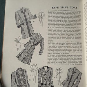 May include: An illustration from a vintage magazine shows five different coat designs. The coats are in various styles, including a double-breasted tweed coat and a long coat with a decorative closure. The text "SAVE THAT COAT" is at the top.