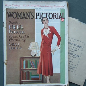 Woman&#39;s Pictorial 1930 with free sewing dressmaking pattern for coat dress 36&quot; women&#39;s magazine 1920s 1930s 20s 30s fashions UNUSED pattern