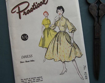 Vintage 1950s sewing pattern women's dress high waist full skirt 34" bust Practical Paper Patterns No 4249 UK UNUSED factory folded S M