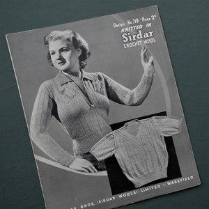 May include: Black and white vintage knitting pattern booklet featuring a woman wearing a knitted sweater and a close-up of a knitted sweater. The booklet is titled "Knitted in Sirdar 'Crochet Wool'" and includes the design number 719 and price 2d. The booklet is published by Harrap Bros. (Sirdar Wools) Limited, Wakefield.