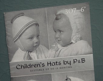 Vintage 1950s 1960s  knitting pattern children's hats P&B No 307 UK - retro baby babies hats beret bonnet helmet - 50s 60s original pattern