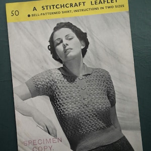 Vintage 1930s knitting pattern women&#39;s sweater lacy design with collar - 30s original pattern - A Stitchcraft Leaflet No. 50 UK