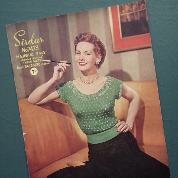 Vintage 1950s knitting pattern women's beaded evening sweater jumper 50s original pattern Sirdar No. 7473 UK 34" 36" 38" bust M Medium size