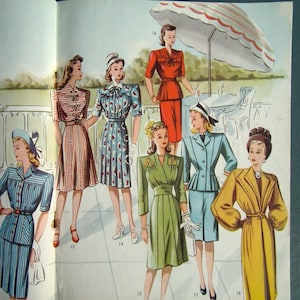 May include: A vintage fashion illustration featuring seven outfits numbered 12 through 18. The garments include striped dresses, a floral print dress, a red suit, a green dress, a light blue suit, and a yellow coat, all worn by figures outdoors.