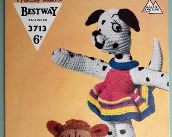 Vintage 1940s 1950s Knitting Pattern Soft Toys Dalmatian Dog Lion 40s 50s original pattern Bestway No. 3713 UK