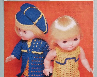 Vintage Crochet Pattern 1960s Dolls Clothes Mod Outfit Dress Coat Butcher Boy Cap Hat to fit a 12" doll 60s original patterns Coats UK 1086