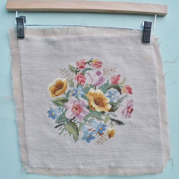 Vintage Needlepoint - Completed Floral Panel for use as Picture or Cushion / Pillow Cover - Salvaged handmade hand-stitched preworked