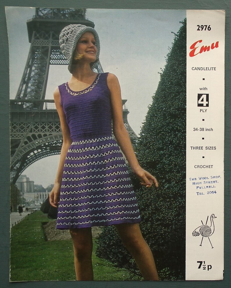 Vintage 1970s crochet pattern women's mod dress lacy Summer dress crochet hat 70s original pattern Emu 2976 UK image 2