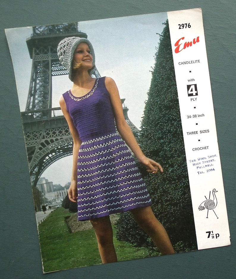 Vintage 1970s crochet pattern women's mod dress lacy Summer dress crochet hat 70s original pattern Emu 2976 UK image 1