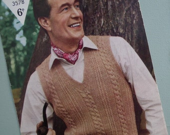 Vintage 1940s 1950s Knitting Pattern Mens Sleeveless Pullover Vest 40s 50s original pattern cable design