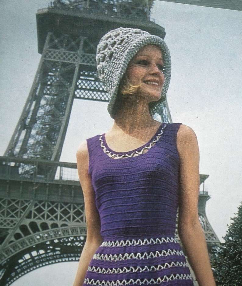 Vintage 1970s crochet pattern women's mod dress lacy Summer dress crochet hat 70s original pattern Emu 2976 UK image 4