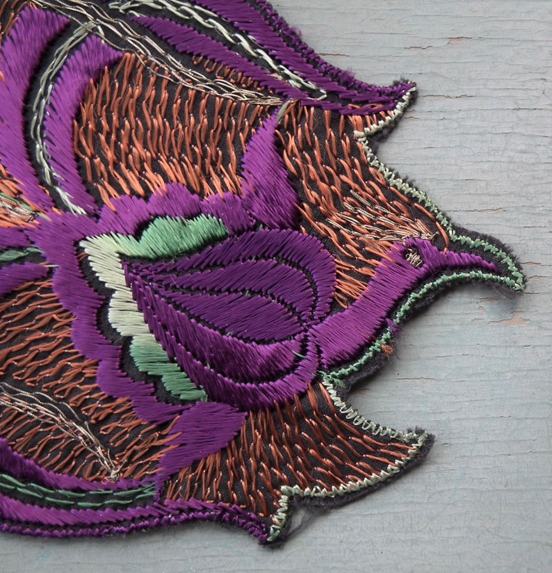 Vintage applique 1920s 1930s sew on fabric applique dress trim bird of paradise motif 20s 30s Art Deco era purple brown green image 6