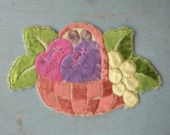 Vintage applique 1920s 1930s sew on fabric applique trim basket of fruit motif 20s 30s Art Deco era pink lilac yellow green