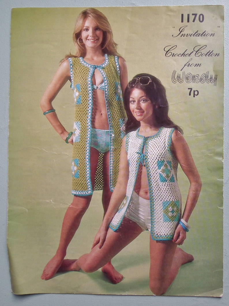 Vintage 1970s Crochet Pattern Women's Beach Coats Gilets Long Waistcoats Granny Squares 70s original pattern Wendy No. 1170 UK image 2