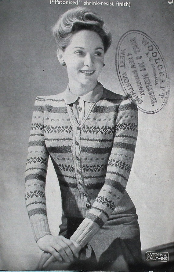 Vintage 30s 40s Fair Isle Knitting Pattern Women S Cardigan Original Pattern Patons And Baldwins No 136 P B Uk Second World War Wwii Era Vintage 30s 40s Fair Isle Knitting Pattern Women S Cardigan Original Pattern Patons And Baldwins No 136 P B Uk Second World War Wwii Era