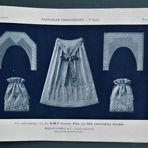 May include: A page from "Hardanger Embroideries" showcasing embroidered designs. The image displays a skirt, two drawstring bags, and two arched shapes, all with intricate embroidery patterns. The text suggests using D-M-C Cotton, Flax, and Silk threads for the embroidery.