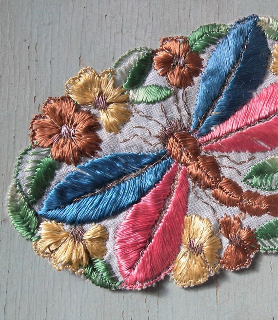 blue yellow pink 20s 30s antique dress trim metallic thread Vintage applique 1920s 1930s sew-on fabric applique dragonfly motif