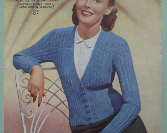 Vintage 40s 50s Knitting Pattern Women's Cardigan Sirdar UK No. 1393 1940s 1950s original colour pattern 32" 34" bust fitted style