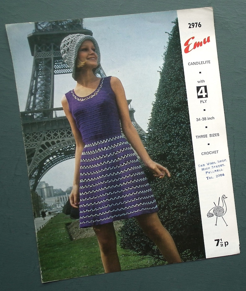 Vintage 1970s crochet pattern women's mod dress lacy Summer dress crochet hat 70s original pattern Emu 2976 UK image 10