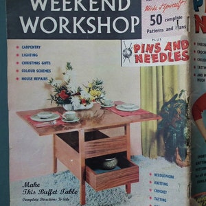 Vintage 1950s craft magazine Pins and Needles / Weekend Workshop No. 47 original knitting crochet patterns woodworking 50s mid-century homes image 4