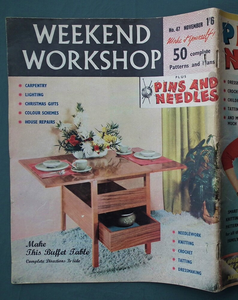 Vintage 1950s craft magazine Pins and Needles / Weekend Workshop No. 47 original knitting crochet patterns woodworking 50s mid-century homes image 4