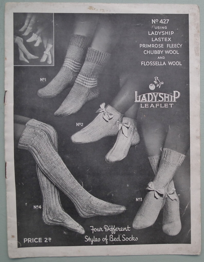 Vintage 1920s Knitting Pattern Womens Bed Socks antique 20s original knitting pattern Ladyship leaflet no. 427 UK 