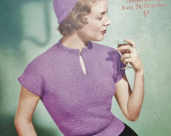 Vintage 1940s 1950s knitting pattern women's beaded evening sweater jumper hat skull cap 40s 50s original pattern Sirdar No. 1410 UK